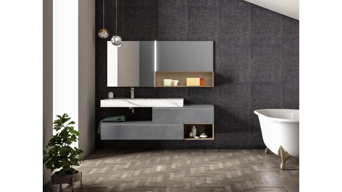 Mobile da Bagno sospeso in laccato metallico piombo Lapis 06 di Birex