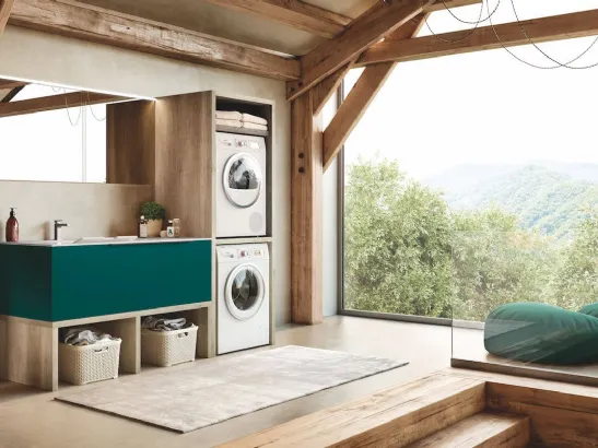 Mobile da Bagno per lavanderia in laccato Verde Blu opaco e HPL Rovere Laundry 08 di Puntotre