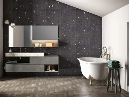 Mobile da bagno sospeso in laccato metallico e rovere con top in gres effetto marmo Memento 03 di Birex