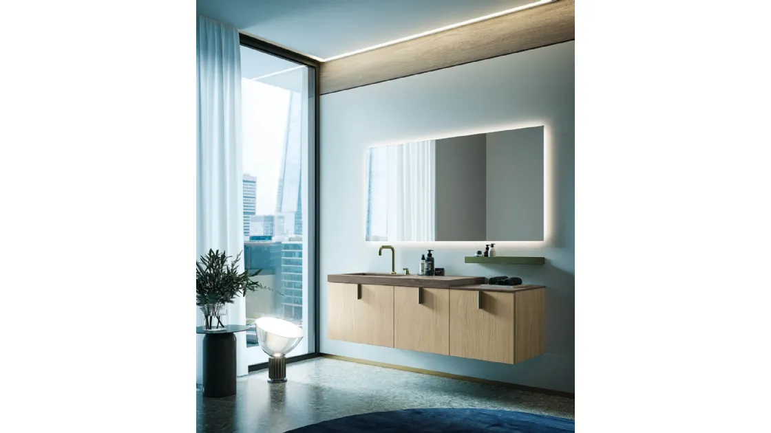 Mobile da Bagno sospeso in laminato finitura Olmo e top in gres Sistema Maniglia 22 di Puntotre