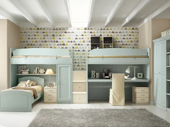 Cameretta in legno finitura Azzurro fiordo a soppalco N16 Nuovo Mondo con tre letti di Scandola