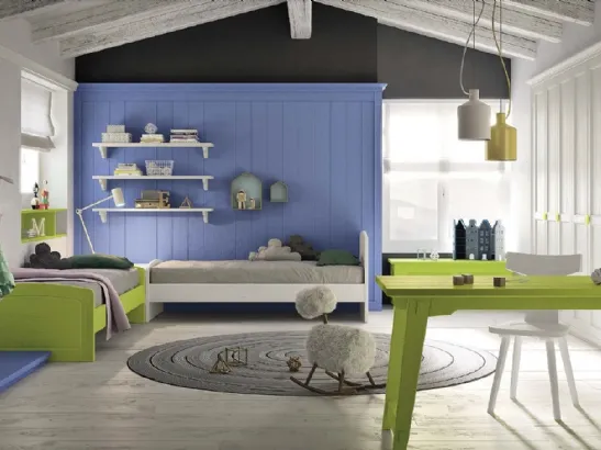 Cameretta N23 Nuovo Mondo in legno laccato Blu oltremare, Lime e Bianco gesso di Scandola