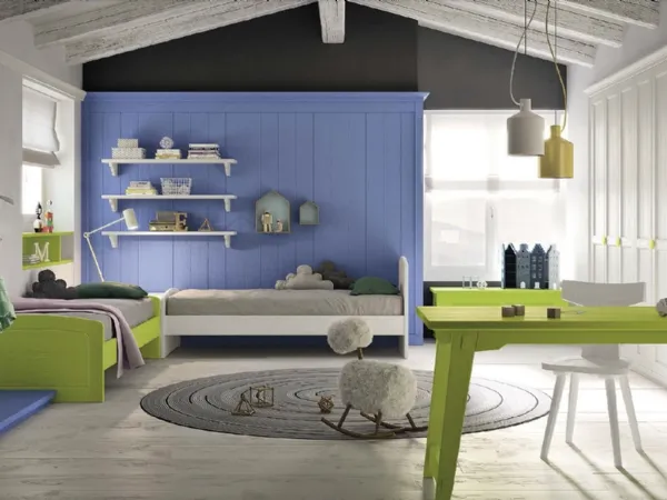 Cameretta N23 Nuovo Mondo in legno laccato Blu oltremare, Lime e Bianco gesso di Scandola