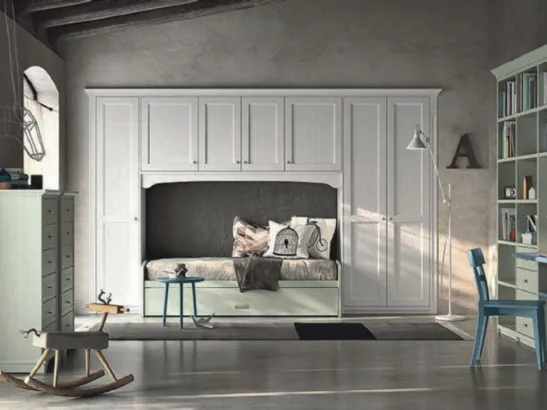 Cameretta a ponte classica N21 Nuovo Mondo in legno finitura bianco gesso e verde tundra di Scandola