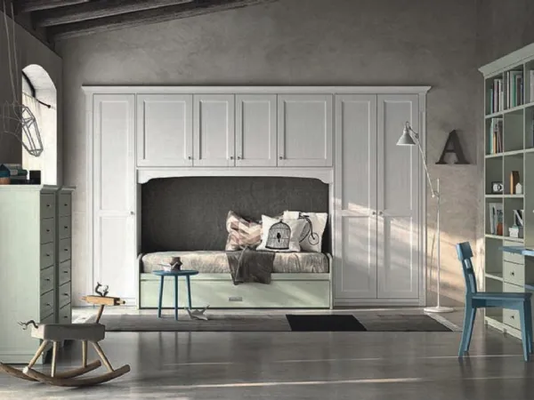 Cameretta a ponte classica N21 Nuovo Mondo in legno finitura bianco gesso e verde tundra di Scandola