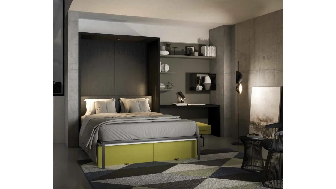 Letto a scomparsa aperto finitura Rovere carbone Block System Comp 250 di Tumidei