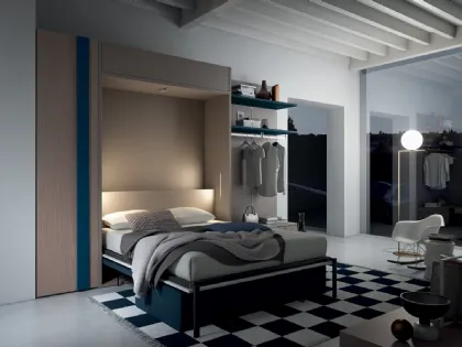 Letto matrimoniale a scomparsa in rovere naturale e laccato opaco con appendiabiti Comp 253 di Tumidei
