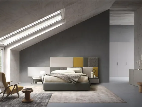 Letto sommier Tetris con testiera boiserie in tessuto imbottito di Mobilgam