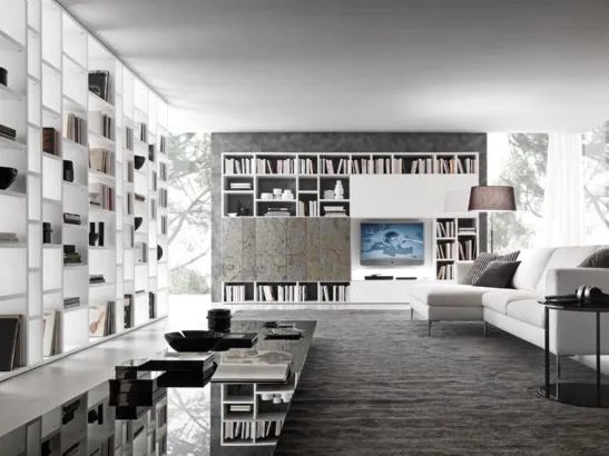 Libreria a muro in melaminico effetto marmo e laccato bianco opaco Pari&Dispari 02 di Presotto