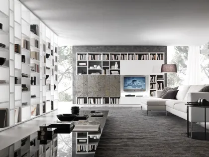 Libreria a muro in melaminico effetto marmo e laccato bianco opaco Pari&Dispari 02 di Presotto