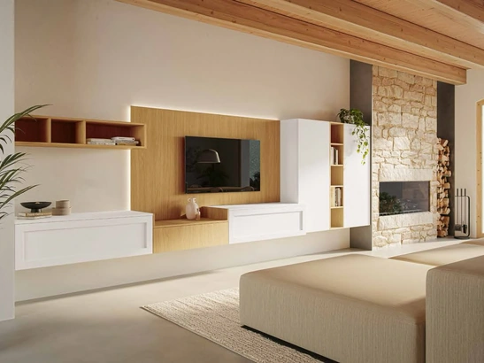 Parete Attrezzata Living MK06 in melaminico Oak Naturale e pet Bianco di Gentili Cucine