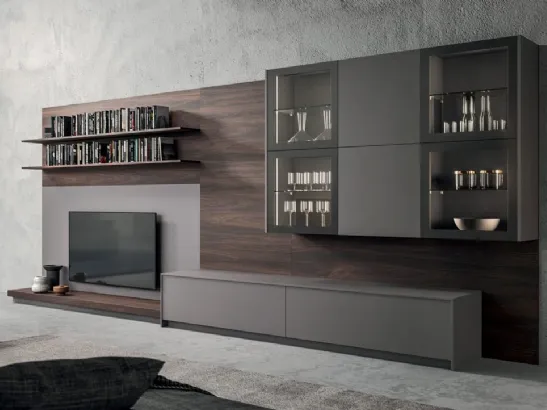 Parete Attrezzata Living T05 in Fenix Grigio Londra e melaminico Noce dark di Gentili Cucine