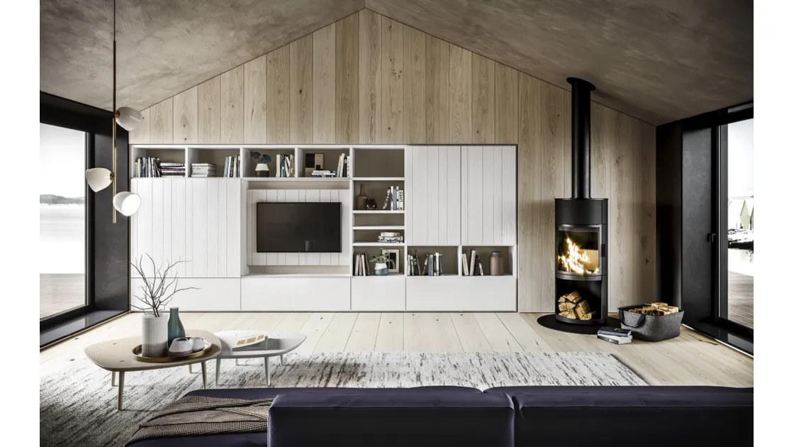 Parete Attrezzata in legno finitura bianco gesso con TV a scomparsa M05 Maestrale di Scandola