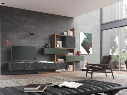 Parete Attrezzata Composizione Horizon 931 in laccato opaco, legno e laminato di Mobilgam