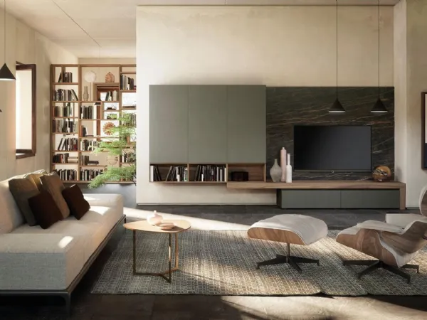 Parete Attrezzata Composizione Horizon 939 in laccato opaco, legno e laminato di Mobilgam