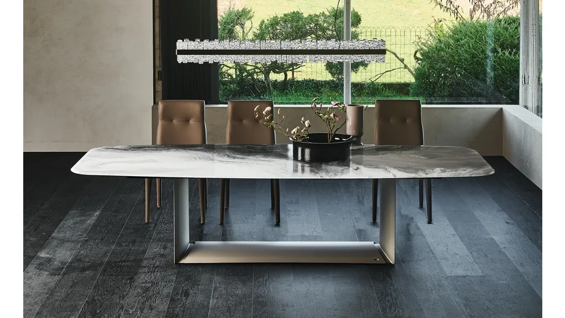 Tavolo con base in acciaio e piano in cristallo con stampa Dragon Crystalart di Cattelan Italia