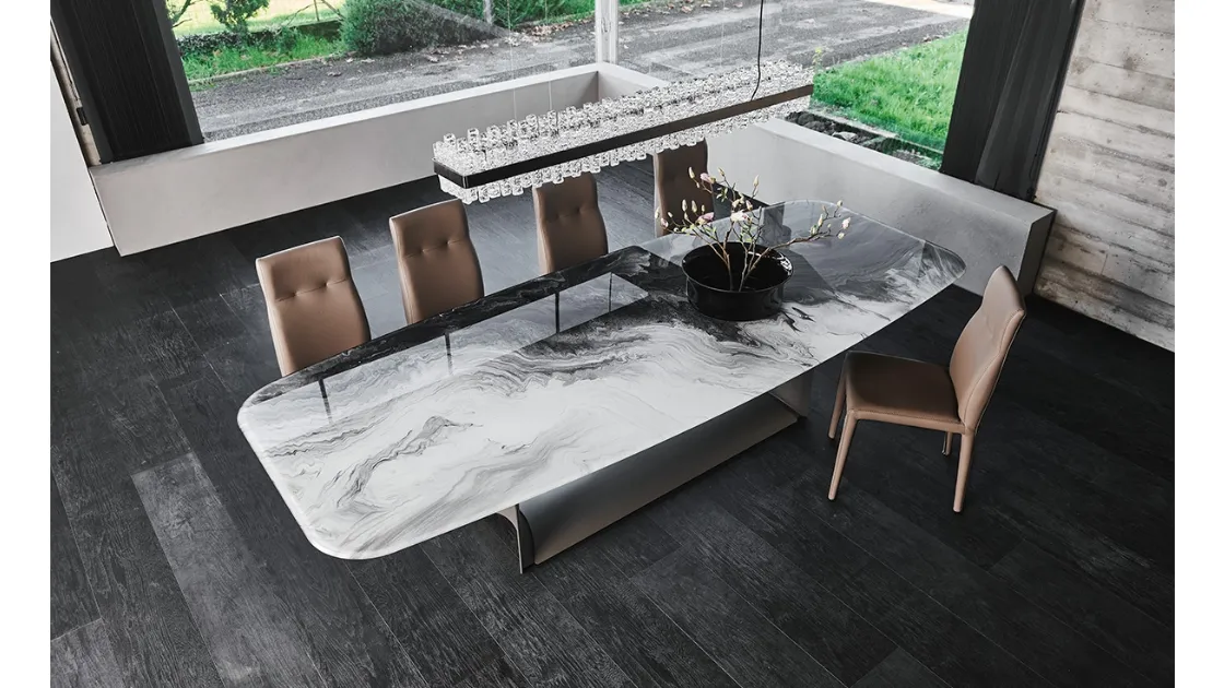 Tavolo con base in acciaio e piano in cristallo con stampa Dragon Crystalart di Cattelan Italia