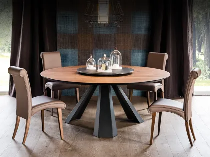 Tavolo in legno con vassoio centrotavola girevole e base in acciaio Eliot Round di Cattelan Italia