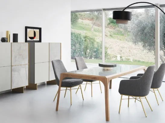 Tavolo rettangolare Relevé con top in ceramica e base in legno di Presotto