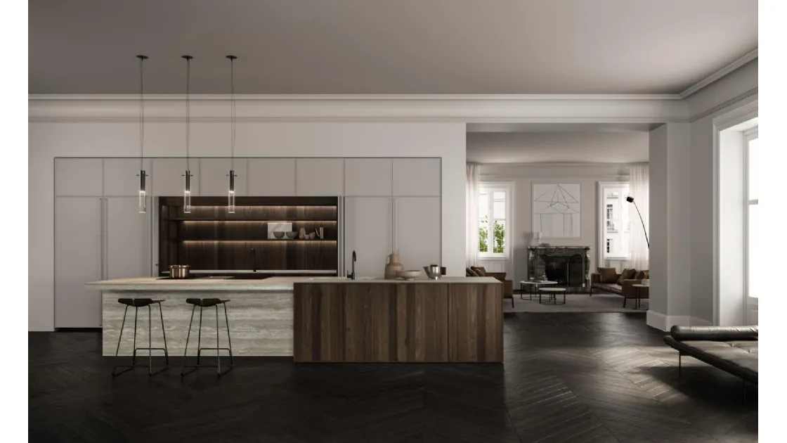 Cucina Design con isola Factory 03 in marmo Travertino e Rovere Gold di Key Cucine