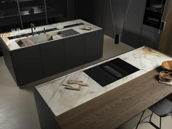 Cucina Design con doppia isola Twins New in laccato opaco e Rovere con top in Quarzite di Key Cucine