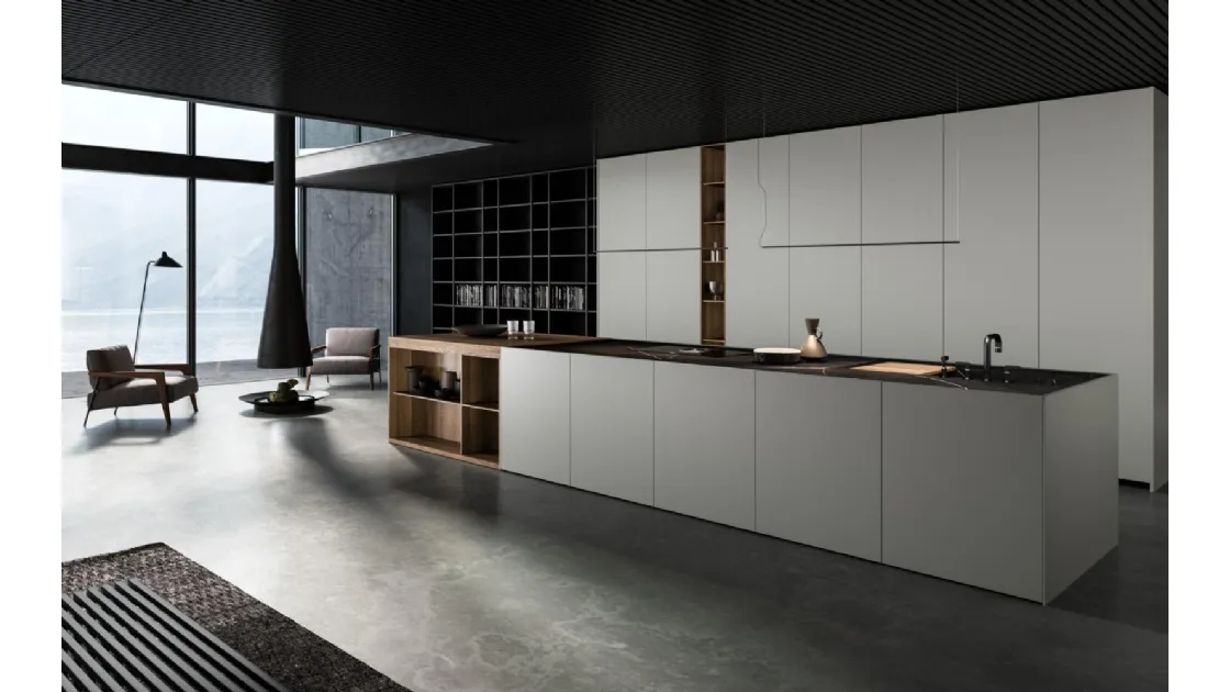 Cucina Design con isola Twins in laccato e Rovere con top in Gres finitura Nero Marquinia di Key Cucine