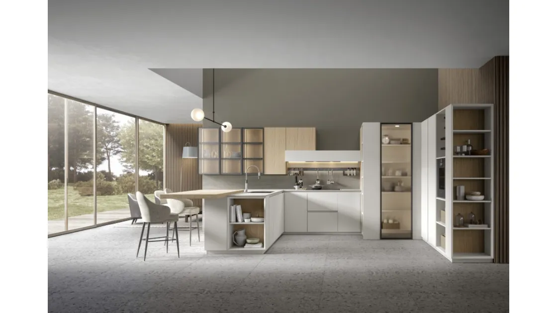 Cucina Moderna angolare con penisola in rovere naturale e finitura bianca Eclettica 02 di Scandola