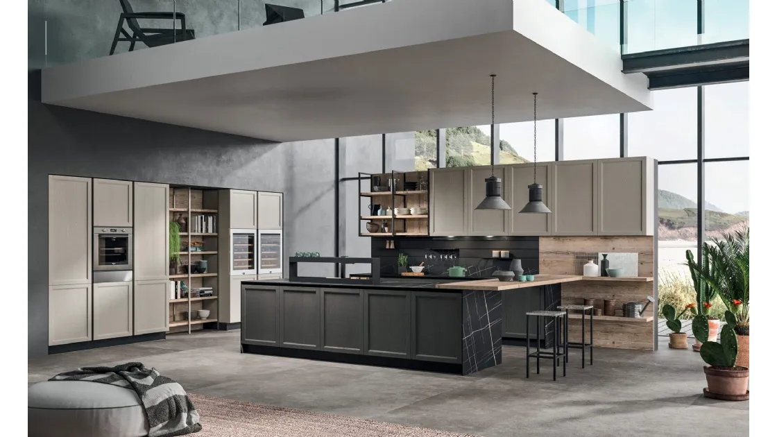 Cucina Moderna Time 10 in Rovere laccato Grigio Perla, Rovere tinto Grafite e legno antico Old Abete saponato di Gentili Cucine