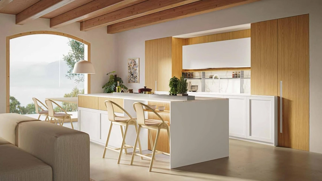 Cucina Moderna con isola MK06 in pet Bianco e melaminico Oak Naturale di Gentili Cucine