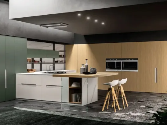 Cucina Moderna con penisola Time 04 2023 in Pet opaco Felce e Bianco e cannettato Grano di Gentili Cucine