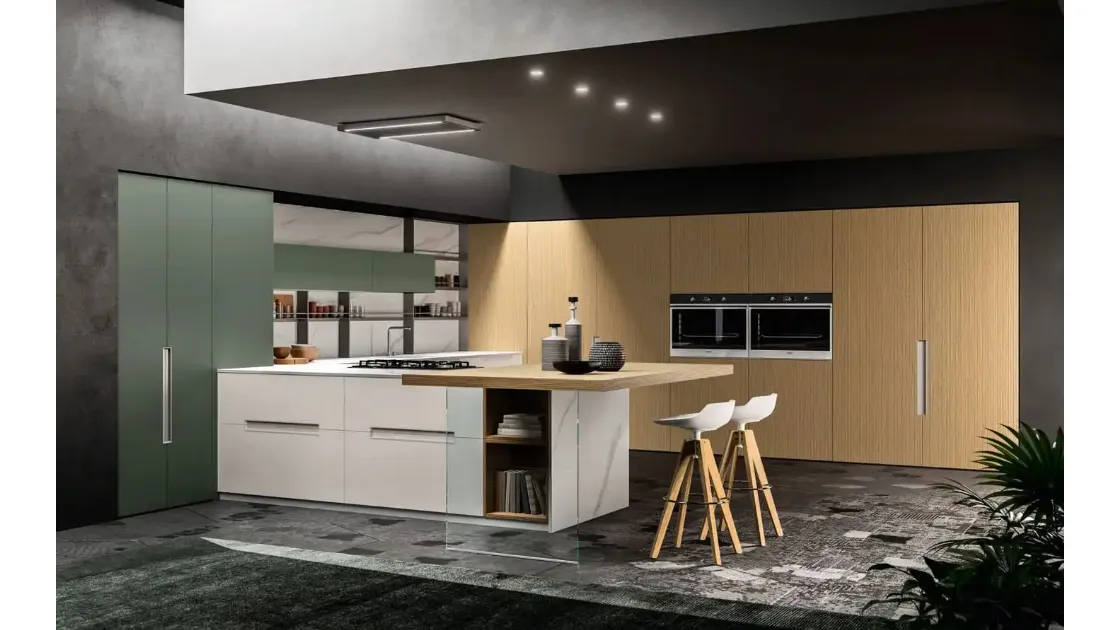 Cucina Moderna con penisola Time 04 2023 in Pet opaco Felce e Bianco e cannettato Grano di Gentili Cucine