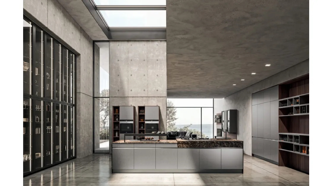 Cucina Moderna con isola Time 05 in Fenix acciaio e laminato stratificato Cuba di Gentili Cucine